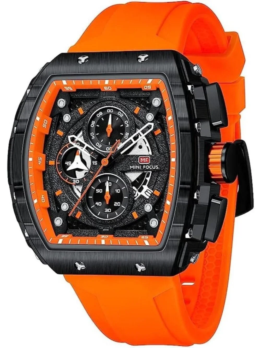 Men's Orange Silicon Strap Quartz Chronograph Waterproof Luminous Tonneau Watch